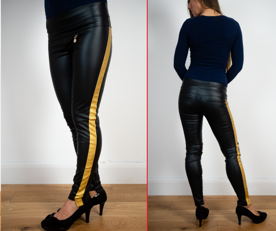 black trousers with gold side stripe